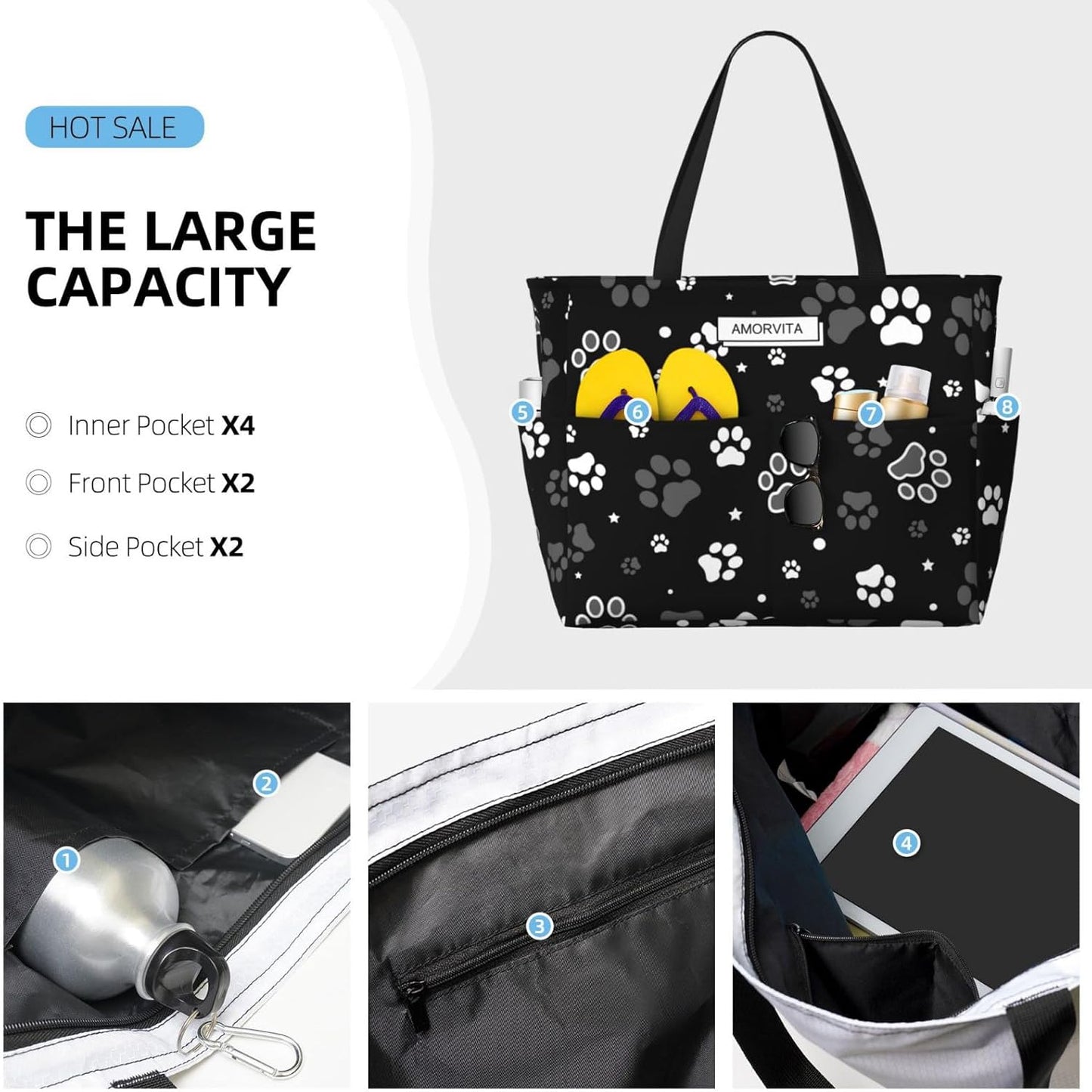 Large Travel Beach Tote Bag with Zipper Pockets Portable Lightweight Gym Bag Picnic Outdoor