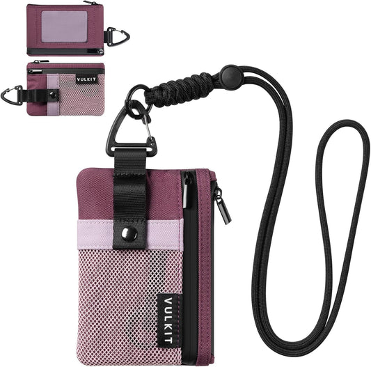 VULKIT Small RFID Wallet for Women & Men – Minimalist Zipper Wallet with ID Window, Keychain & Carabiner, Holds 15 Cards, Water Resistant Travel Lanyard Wallet Wine Pink