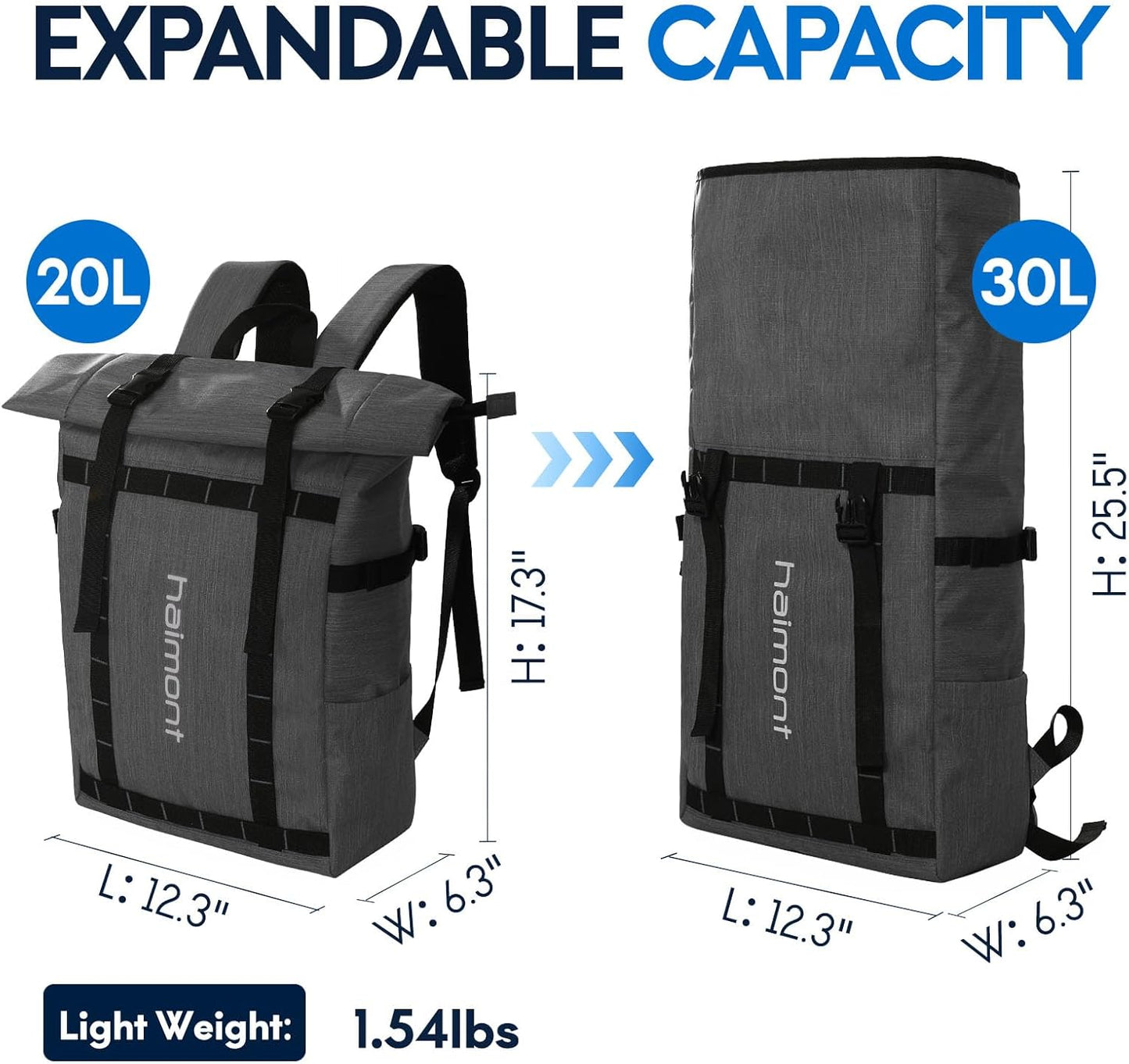 Haimont Rolltop Backpack for Men Women Water-Resistant Carry on Travel Backpack Casual Daypack with Laptop Compartment for Work Trip Hiking, 20L, Dark Gray