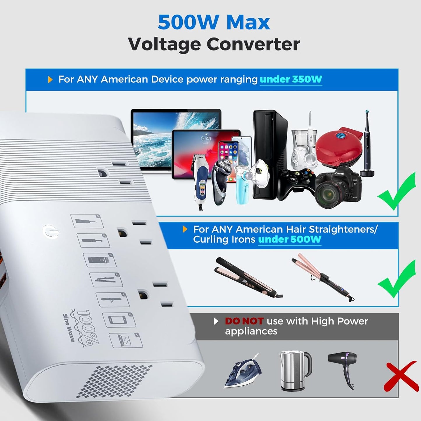 [Game-Changer] DOACE 500W Max 220V to 110V Converter, 50Hz to 60Hz Voltage Converter for European Travel, 100% Pure Sine Wave Voltage Converter US to Europe for CPAP Hair Straightener Laptop Phone