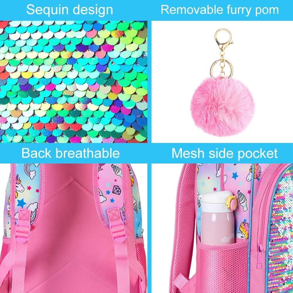 3PCS Girls Backpack, 16" Sequin Prechool Elementary Bookbag and Lunch Box