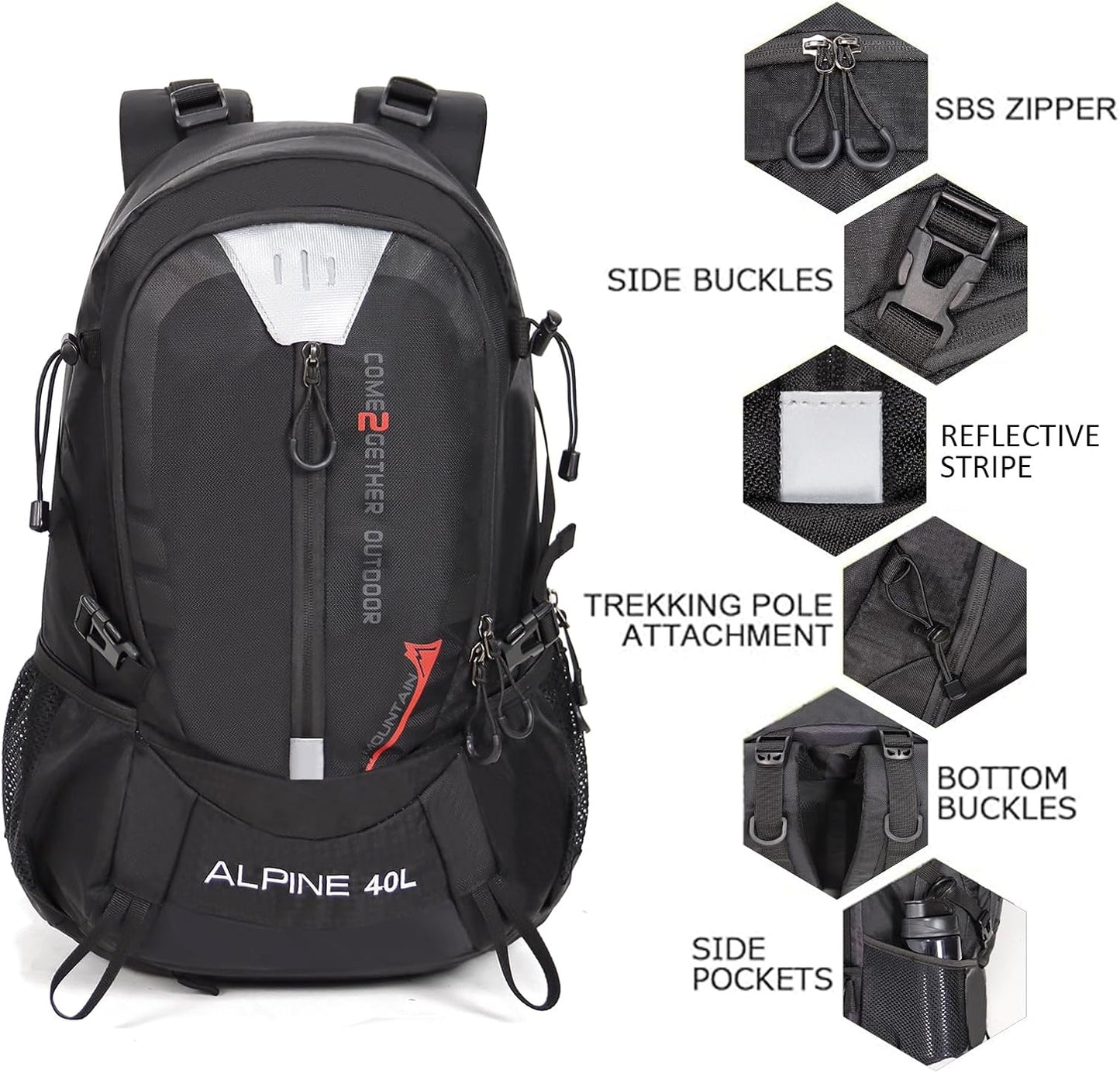 Hiking Backpack Camping 40L Outdoor Daypack Lightweight Travel Backpack with Rain Cover for Women Men (Black)