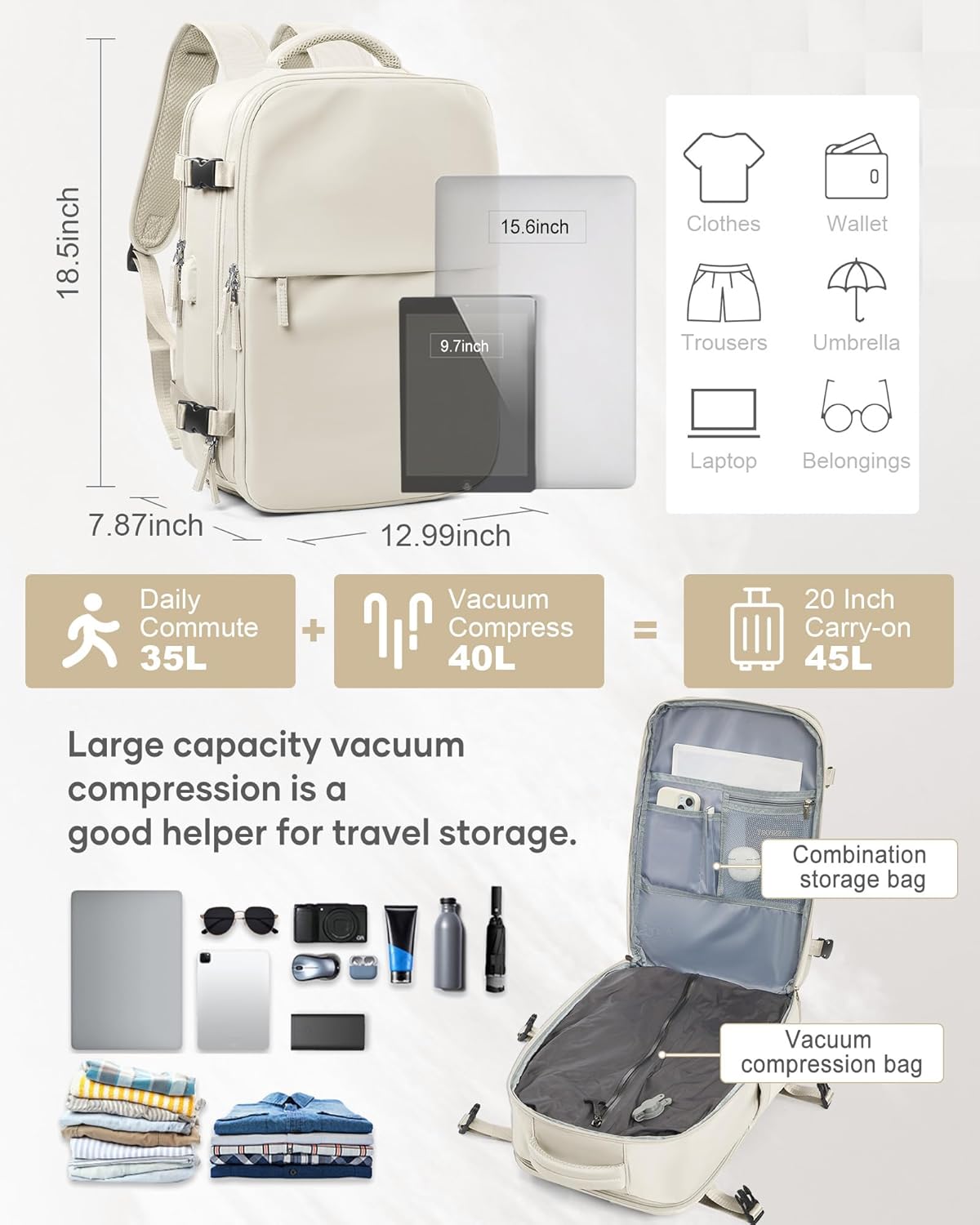suwasp Vacuum Compression Backpack, 45L Expandable Travel Backpack with Electric Vacpack Pump, Travel Vacuum Bags with Shoe Compartment/17inch Laptop Compartment/USB Port, Beige, Large