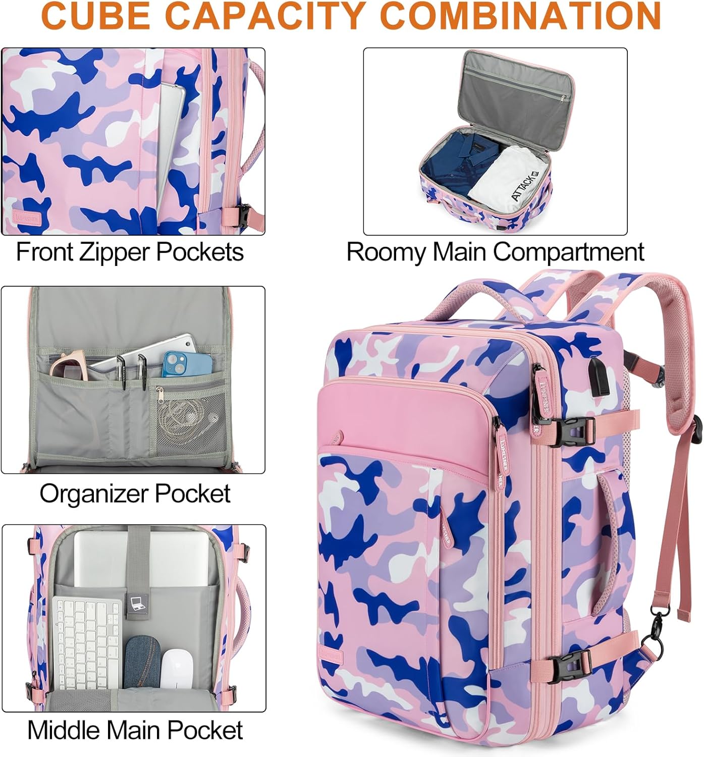 Lumesner Carry on Travel Backpacks, Extra Large 40L Flight Approved for Men & Women,Expandable Suitcase backpack (Camouflage Pink(Backpack With 4 Packing Cubes))