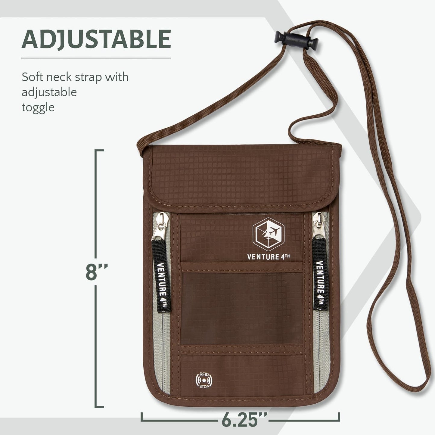 VENTURE 4TH Neck Wallet, RFID Blocking Passport Holder for Travel – Hidden Neck Pouch with 6 Compartments, Slim Lightweight Organizer with Adjustable Strap for Cash, Cards & Passport (Brown)