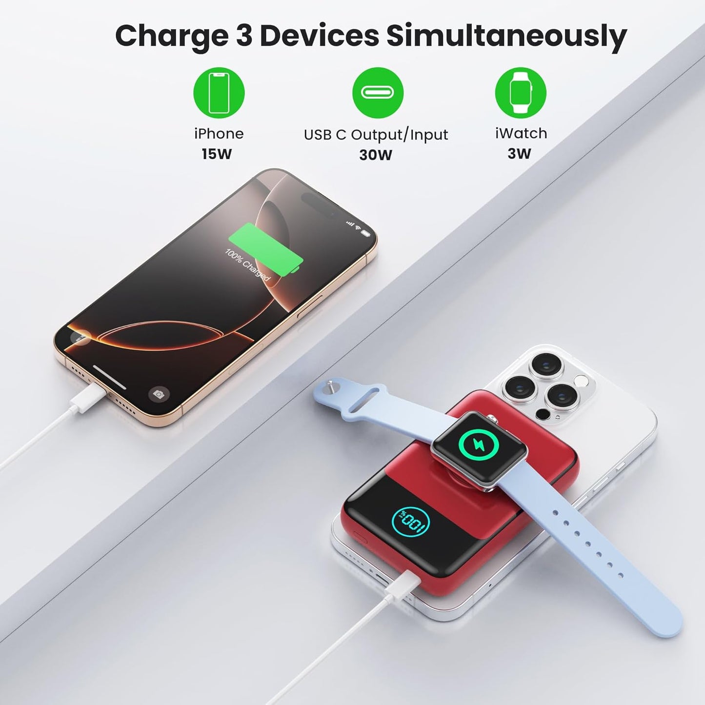 Magnetic Portable Charger for iPhone, 10800mAh Qi2 15W Wireless Power Bank with iWatch Charger,30W PD Fast Charging USB-C Travel Essentials Battery Pack for Magsafe,iPhone 17/16/15/14/13, Apple Watch