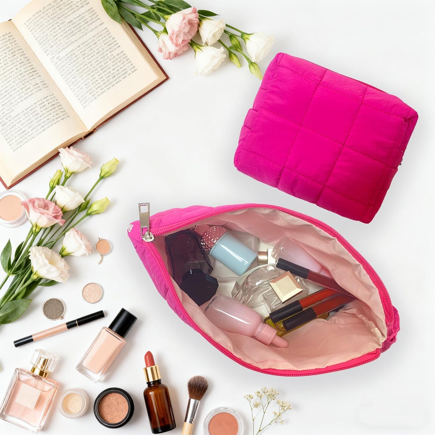 Rose Red Puffy Puffer Makeup Bag for Purse Small Makeup Pouch Quilted Cosmetic Bag Cute Cotton Toiletry Pouch Bag for Women