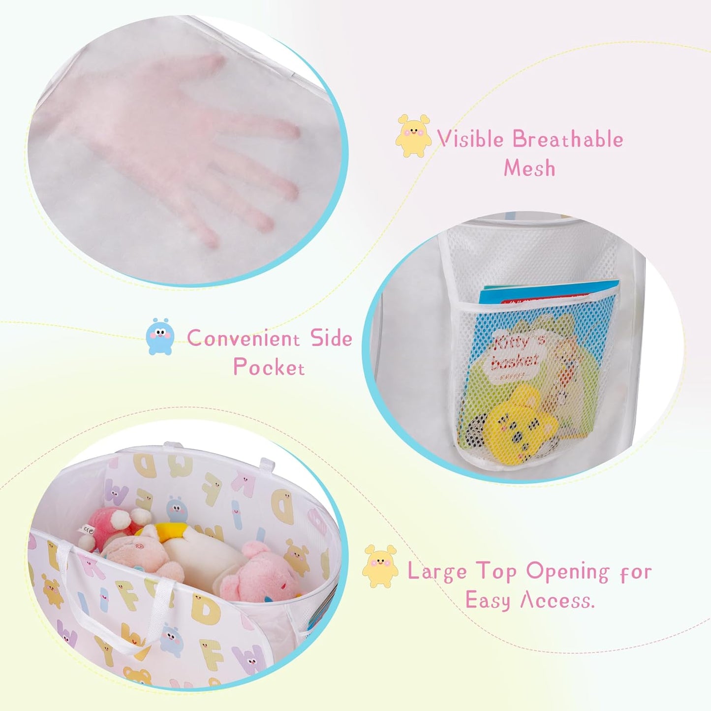 Collapsible Pop Up Hamper for Baby Clothes or Toys Storage, Mesh Hamper with Handles & Side Pocket, Multi-Use Laundry Hamper & Toy Basket, Portable for Home, Travel, Dorm (White-Horizontal)
