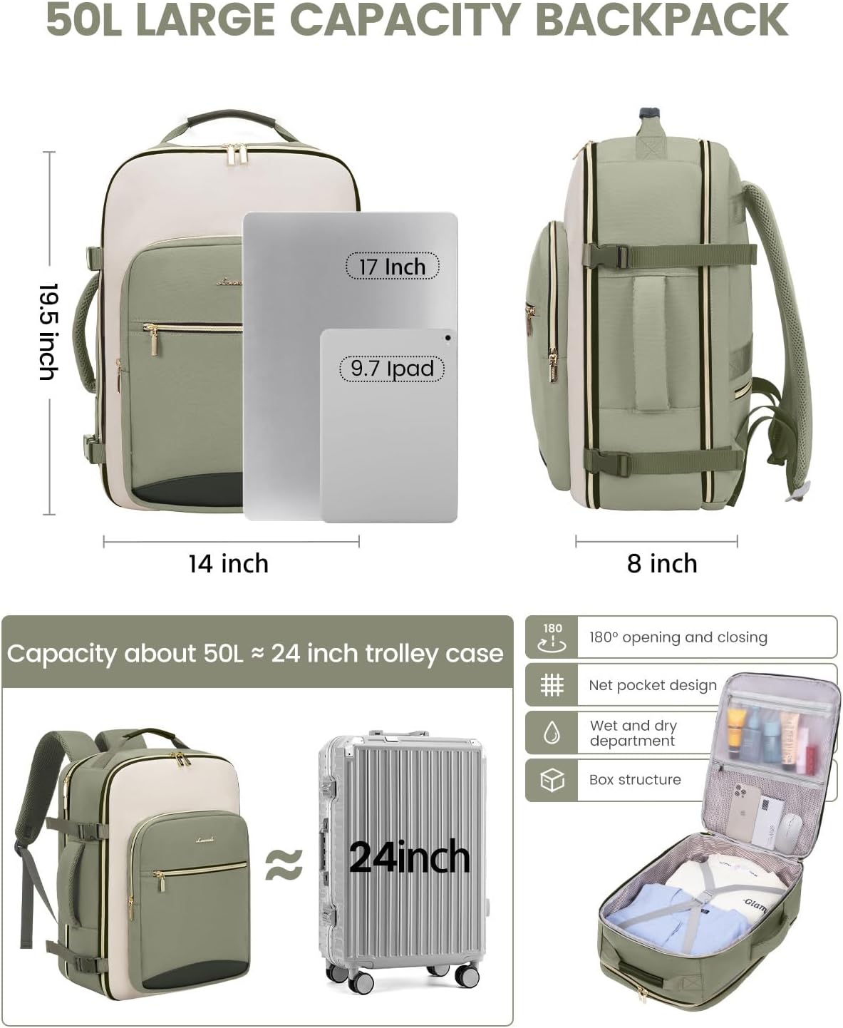LOVEVOOK 50L Travel Backpack for Women & Men, Airline Approved Carry On Luggage with 3 Packing Cubes, TSA Overnight Bags, Waterproof Personal Item Bag, Weekender Essentials Backpacks fits 17" Laptop