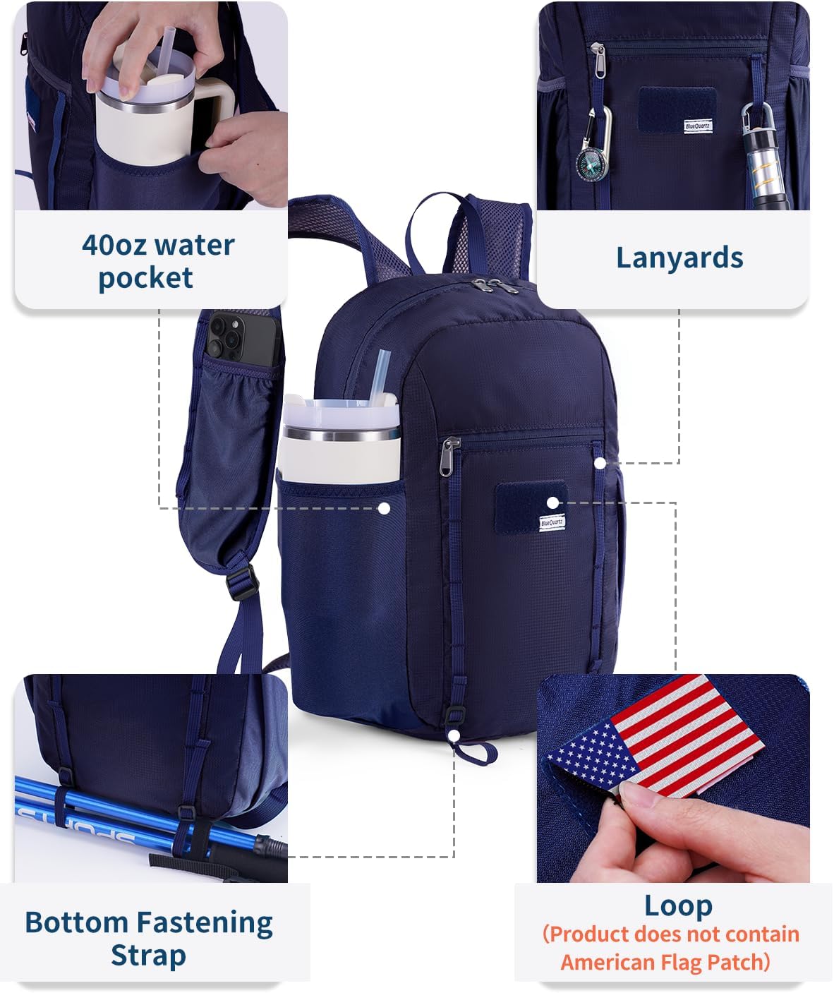 Blue Quartz 15L Small Hiking Backpack with Chest Pockets for Phone, Ultralight Hiking Daypack with Sternum Straps, Lightweight Foldable Packable Back Pack for Women Men(patent pending)