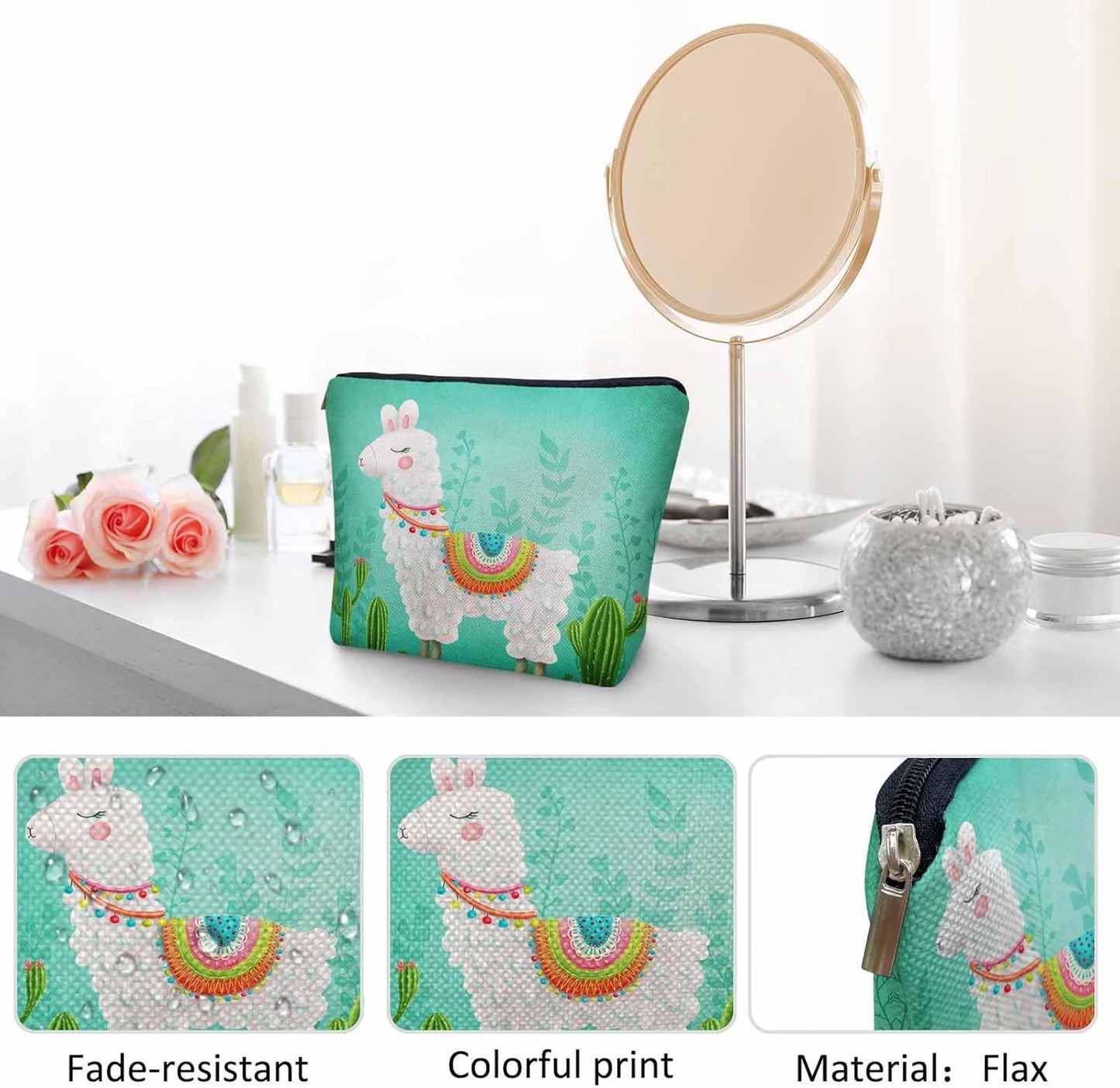 Makeup Bag Llama Makeup Bags For Purse Pouch, Funny Llama Alpaca Cactus Floral Green Travel Toiletry Bag Cosmetic Bag Makeup Bags Flax Makeup Organizer Bag Pencil Pouch For Man Woman