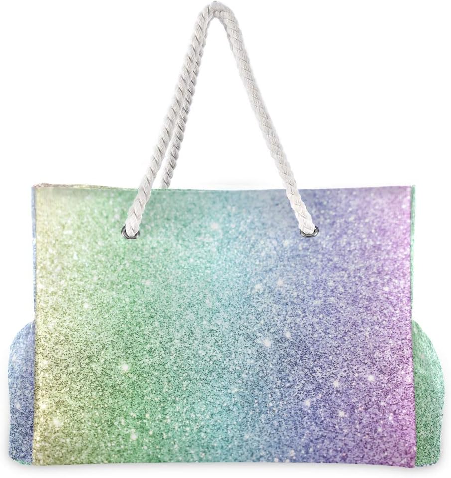 ALAZA Beach Bag, Rainbow Glitter Travel Tote Bags for Camping, Exercise