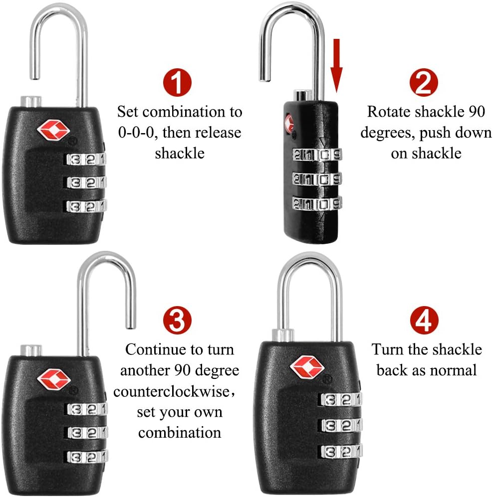 DanziX TSA Approved Lock and 4 Colors Stainless Steel Safety Tether，3-Dial Combination Travel Luggage Lock with Lanyard Security Cable for Protect Your Different Sizes of Bags,Suitcase,Baggage Black