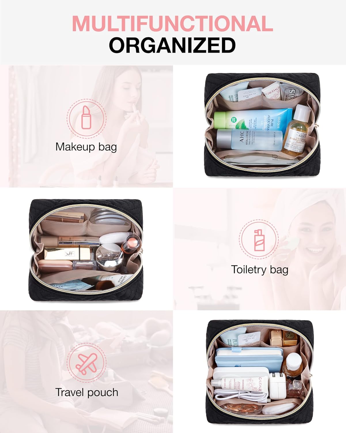 BAGSMART Small Makeup Bag, Travel Cosmetic Bag Make Up Pouch Small Travel Zipper Pouch,Water-resistant Toiletry Bag,Makeup Organizer Bag for Women, Black
