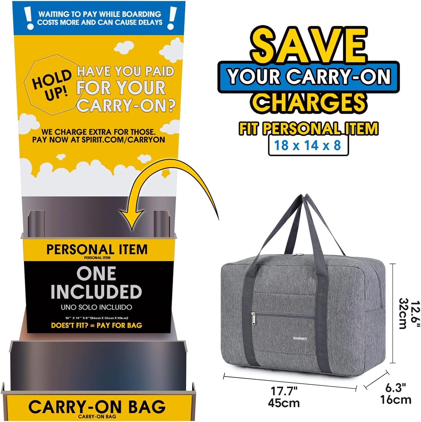 For Spirit Airlines Personal Item Bag 18x14x8 Foldable Travel Duffel Bag Tote Carry on Luggage Duffle Overnight for Women and Men