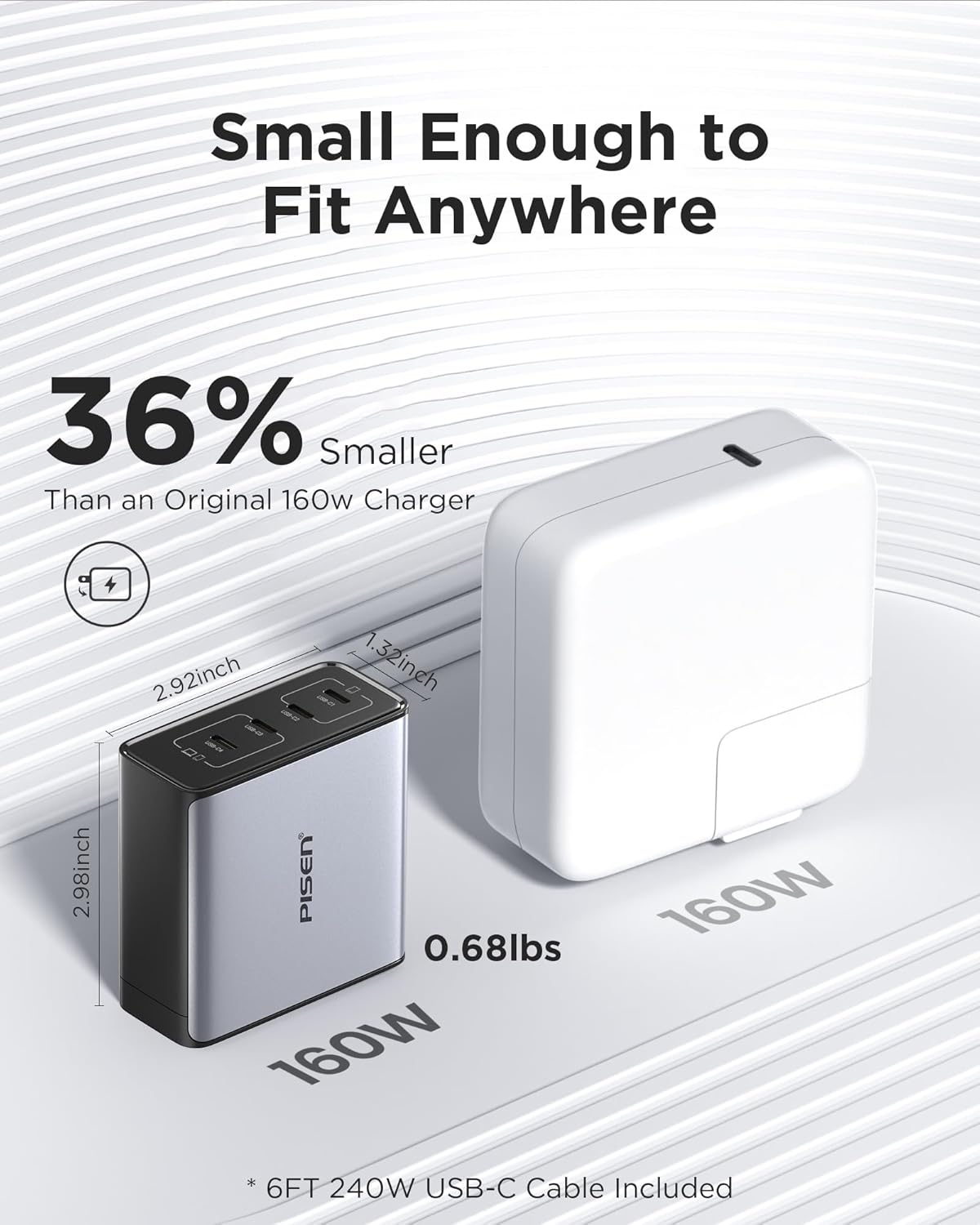 PISEN 160W USB C Charger - PD3.1 GaN Fast Charger USB C 4-Port Foldable Charging Block 160Watt Power Adapter with 6FT 240W Type-C Cable, 160W Charger for MacBook, Laptops, Samsung, iPad, iPhone Series