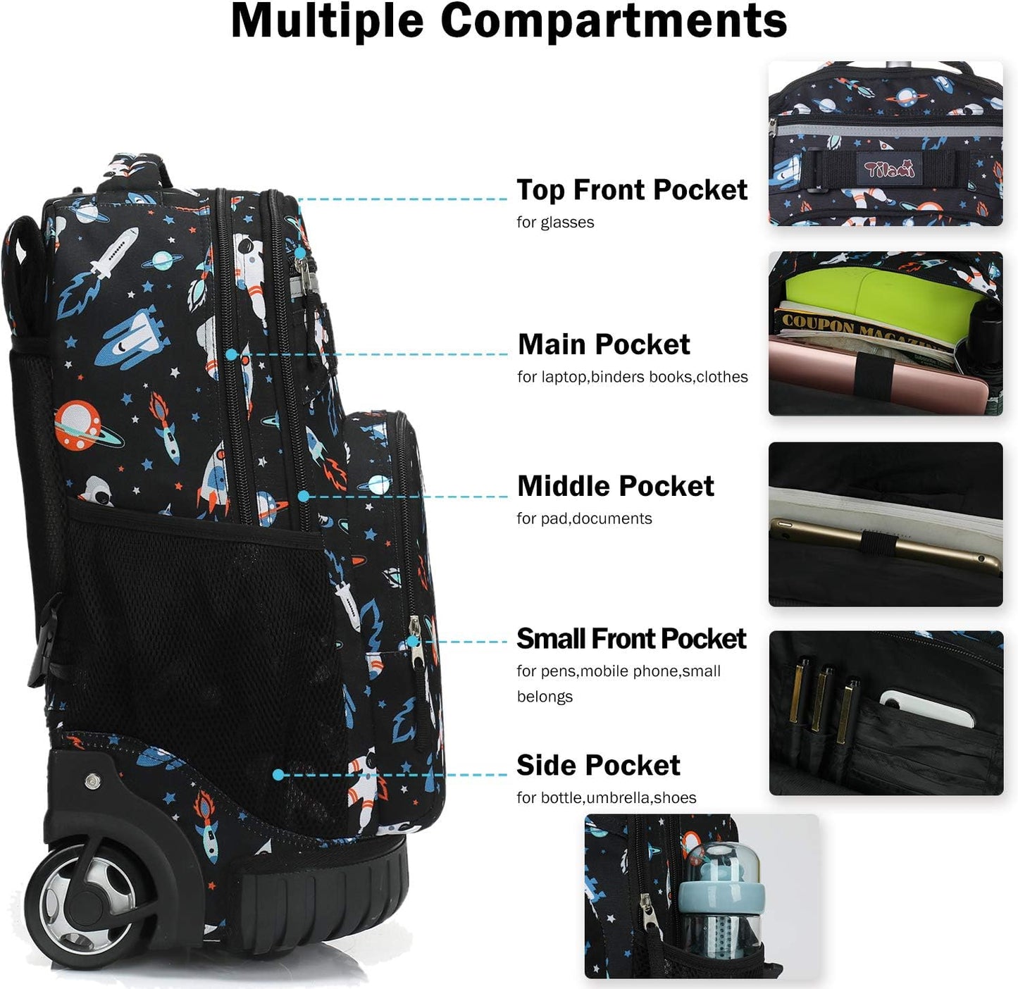 Tilami Rolling Backpack 18 inch Wheeled Laptop Backpack School College Student Travel Trip Boys and Girls, Astronaut