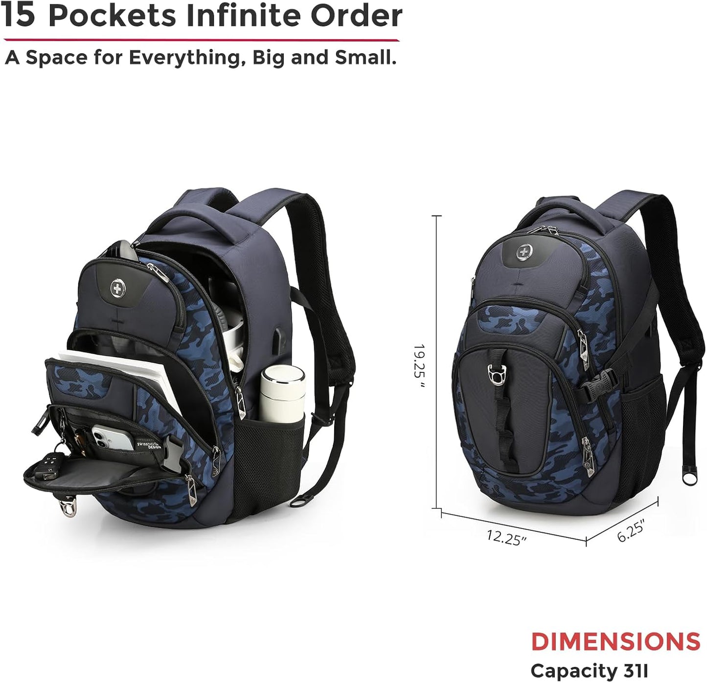 Swissdigital Design Laptop Backpack with USB Charging Port, Travel Backpack Fits 15.6 inches Computer, 31L College School Backpack for Men, Blue Camo | SD803