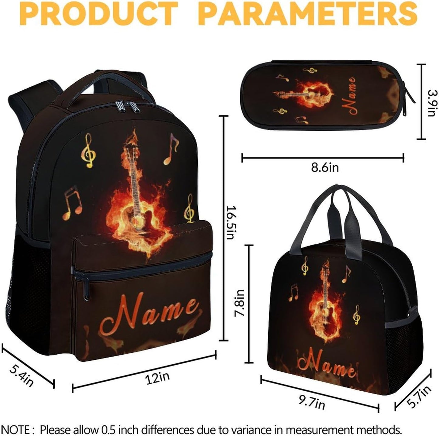 Mercuryelf Personalized Guitar Kids Backpack with Lunch Box Set, 3 in 1 School Backpacks Matching Combo, Cool Black Flame Bookbag and Pencil Case Bundle