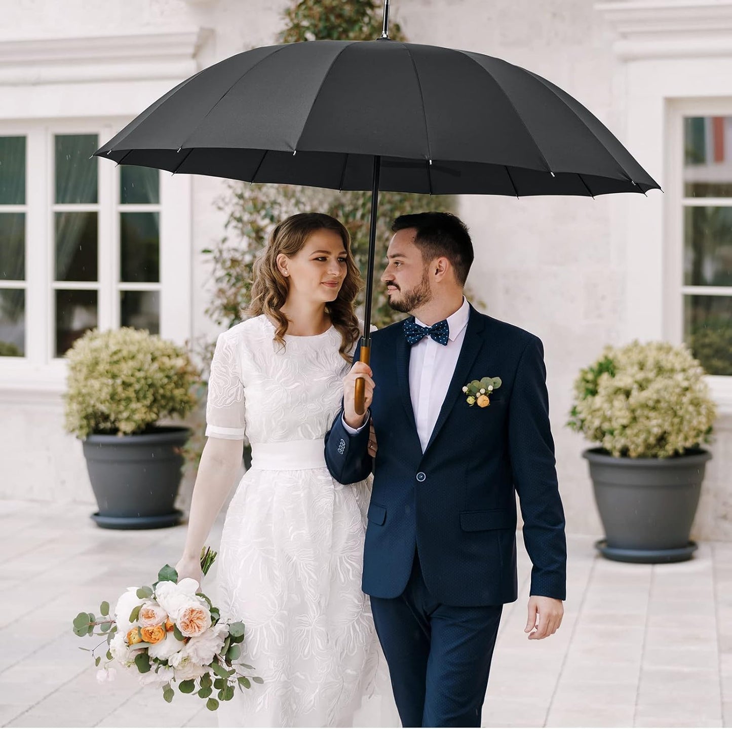 G4Free 54 Inch Large Windproof Umbrella for 2 Persons, 16 Ribs Auto Open Classic Wooden J Handle Cane Stick Golf Rain Umbrellas for Men Women Travel 120cm