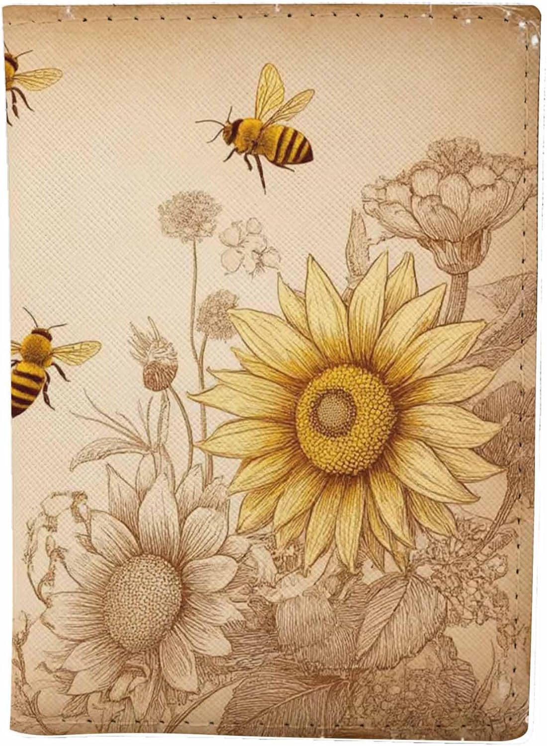 Honey Bees and Wildflowers Passport Holder for Travel Retro Abstract Sunflower Gardening PU Leather Passport Cover Wallet Cute Passport Card Holder for Women and Men