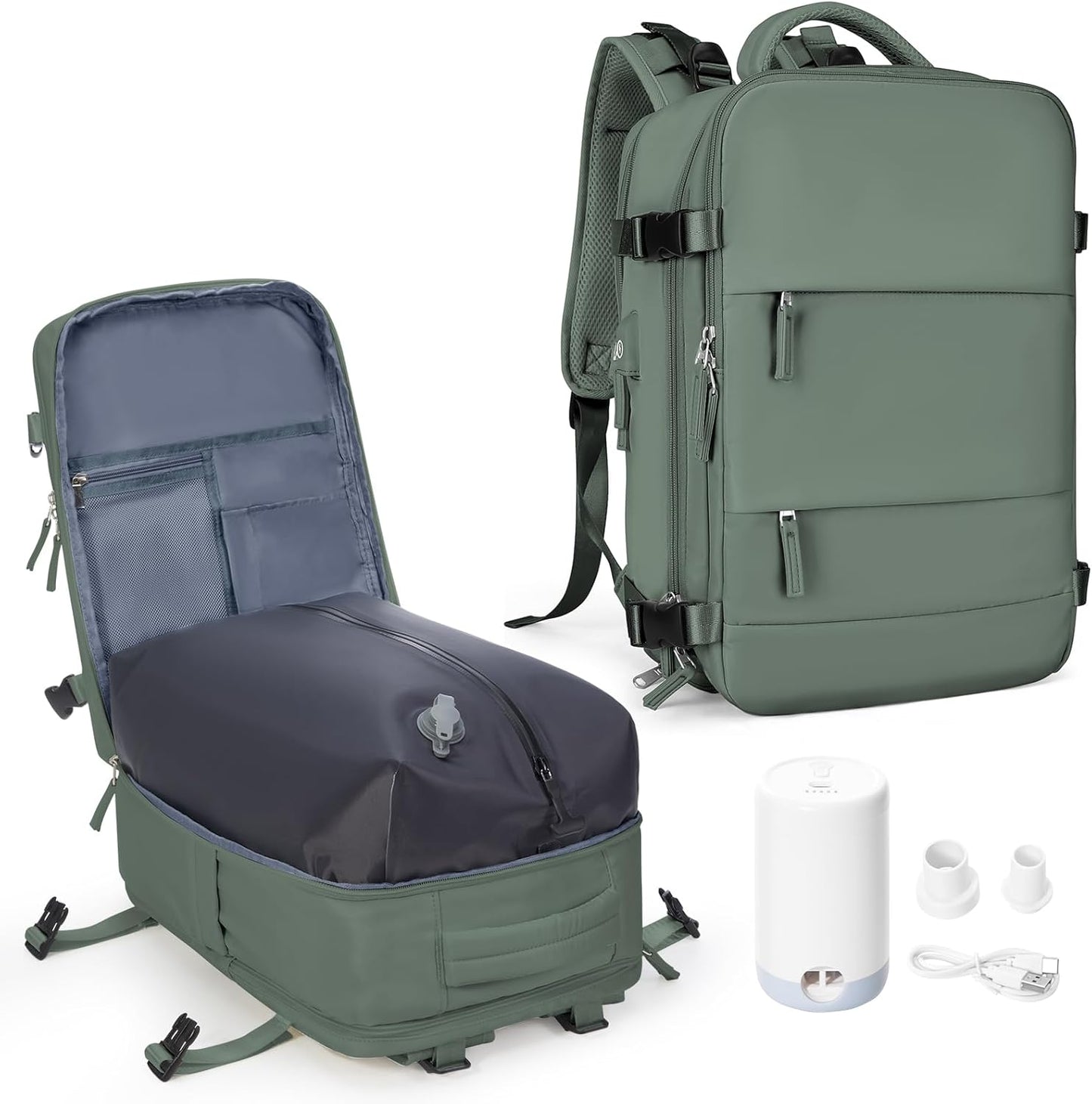 coowoz Vacuum Backpack Travel with Pump,Travel Backpack with Vacuum System Women Men,Carry On Backpack,Hiking Backpack Waterproof Outdoor Sports Rucksack Casual Daypack,30L(Vacuum pump),Olive Green