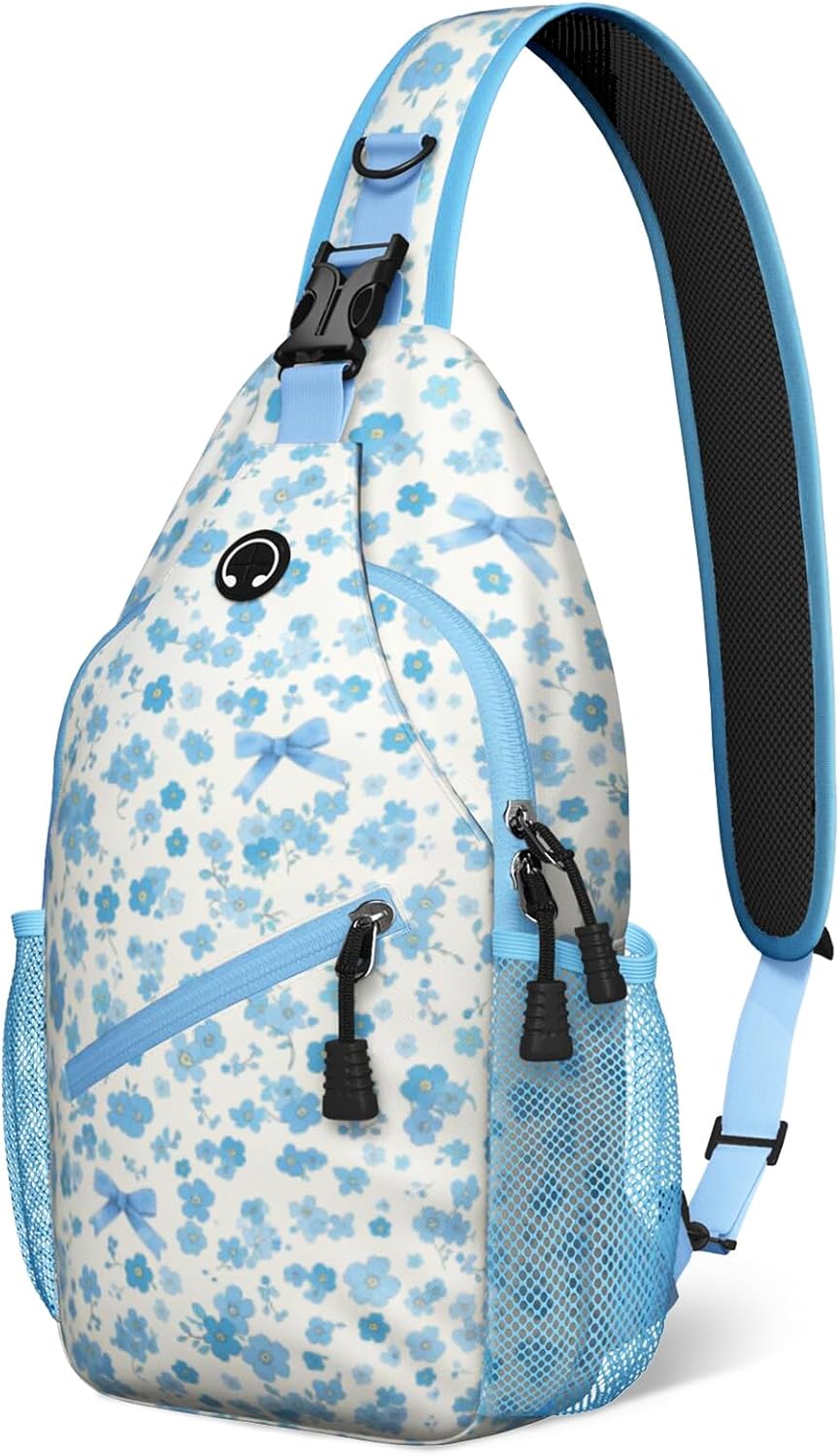 Blue Floral Sling Bag Crossbody Chest Bag for Women Men, Water Resistant Lightweight Casual Crossbody Bag with Adjustable Strap, Travel Hiking Daypack Shoulder Backpack