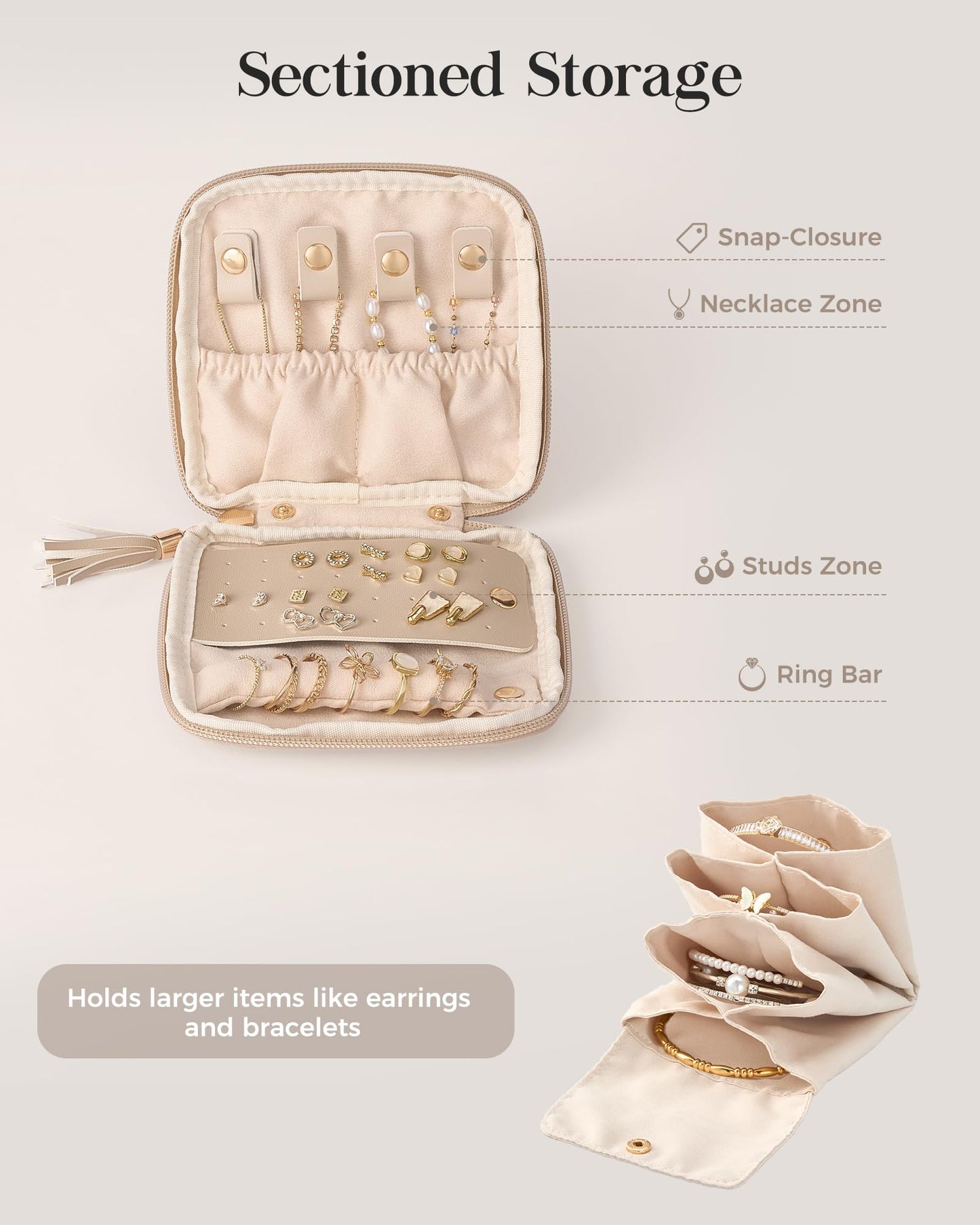Lolalet Travel Jewelry Case Organizer, Small Soft Jewellery Pouch -Oatmeal