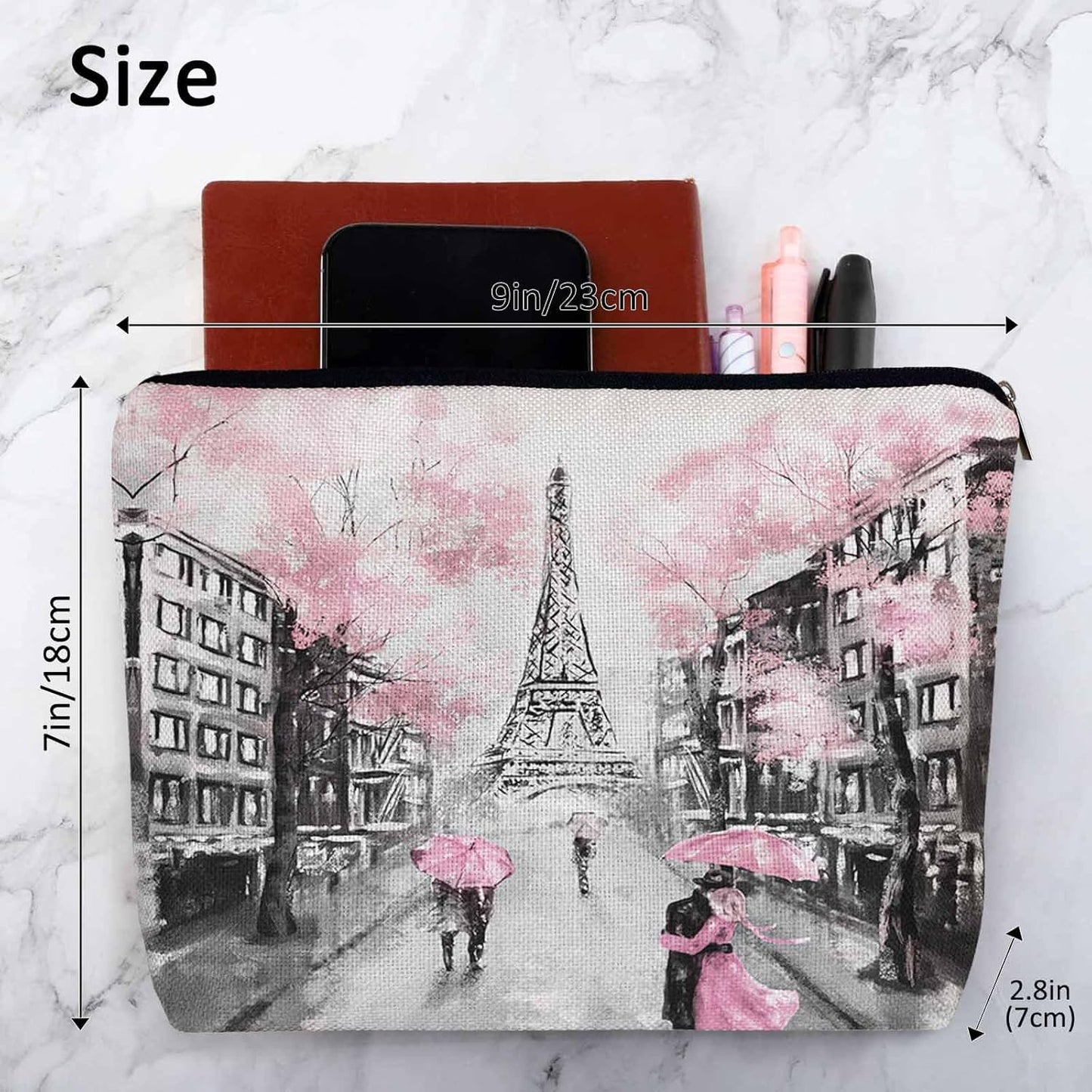 Woman Makeup Bag Paris, France Lovers Couple Eiffel Tower Cherry Pink Makeup Bags Travel Cosmetic Bags Toiletry Makeup Organizer Pencil Pouch Makeup Cosmetic Bag For Owners Lady