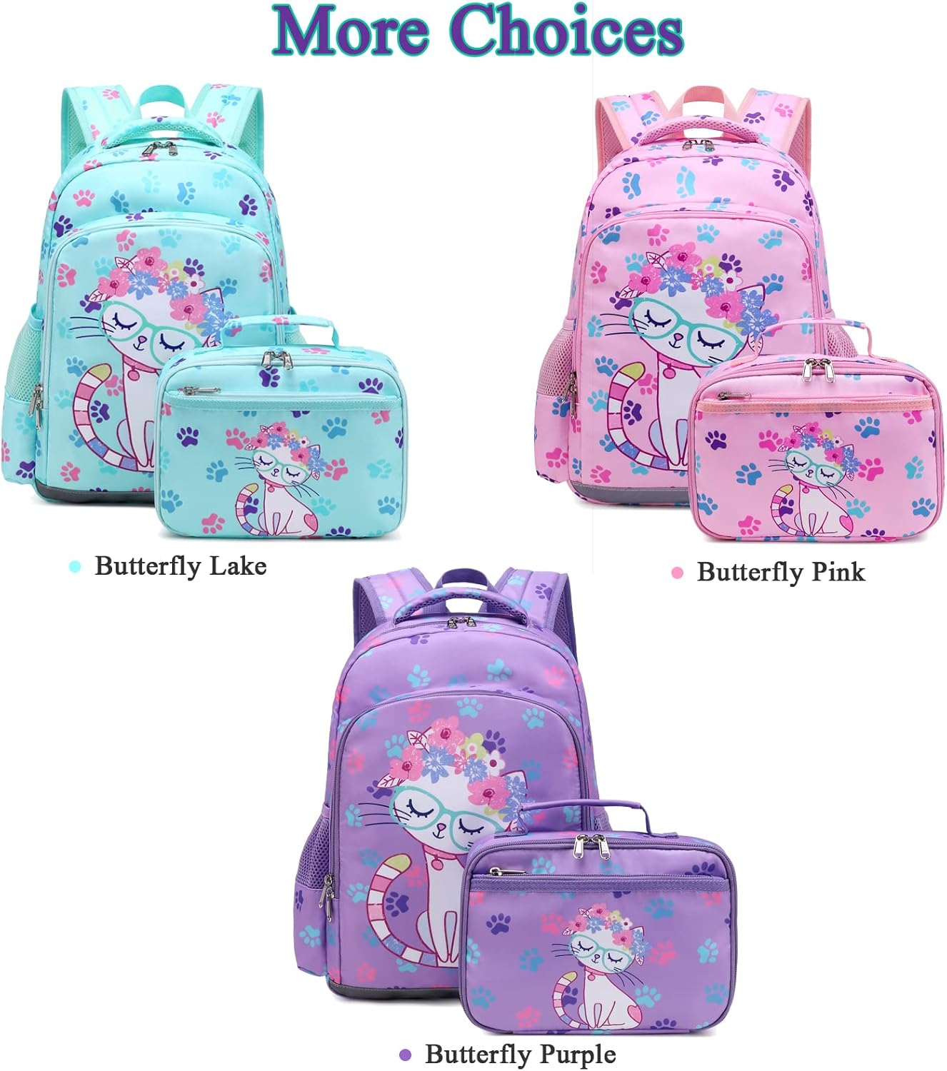 Octsky Backpack for Girls Kids School Backpacks with Lunch Box Preschool Kindergarten BookBag Set With Chest Strap Cat Lake