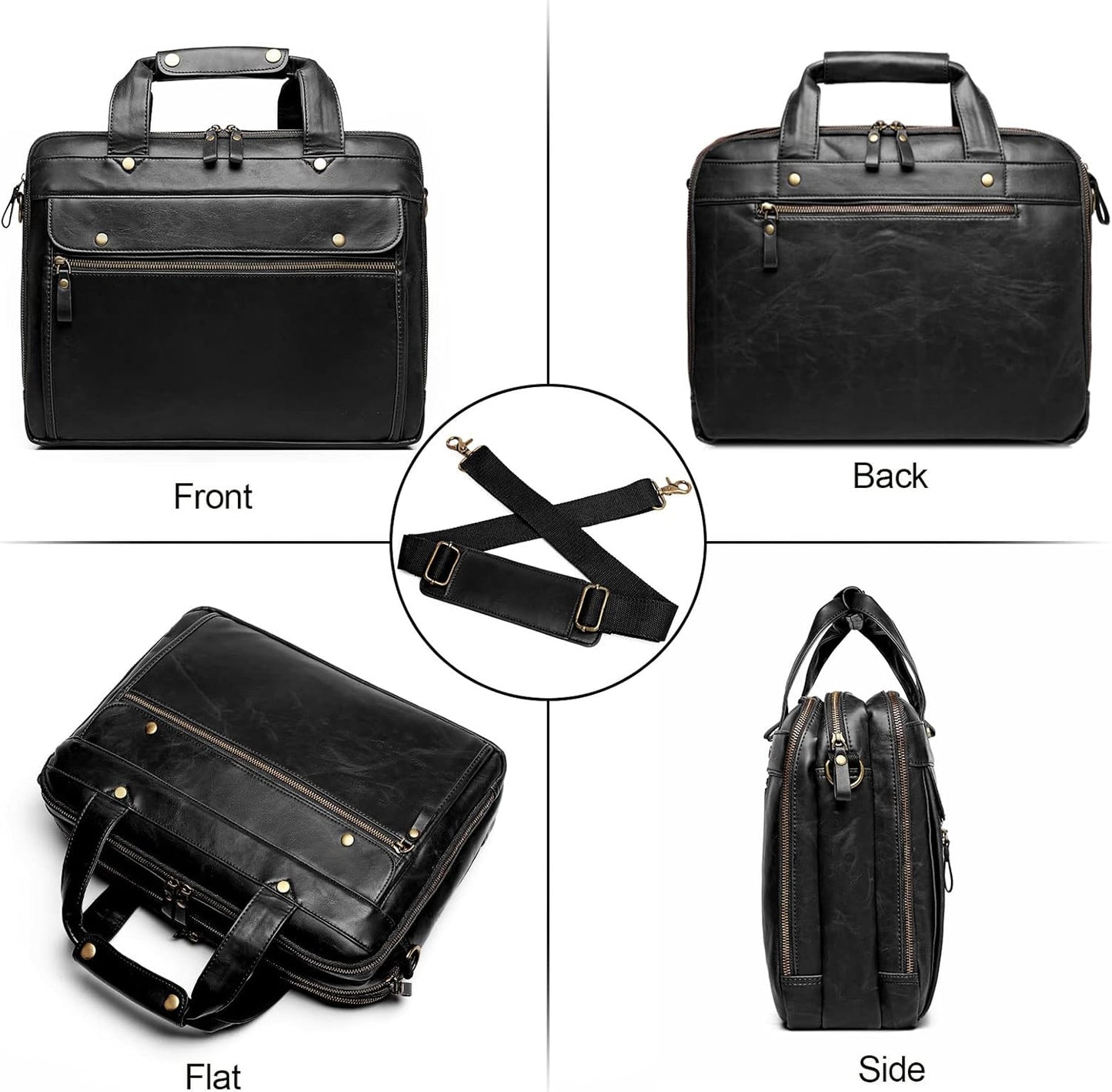 Bosidu Leather Briefcases for Men 15.6 Inch Laptop Messenger Bag with Triple Compartments Water-Resistant Computer Shoulder Bag for Business, Travel, Work, Office, Black