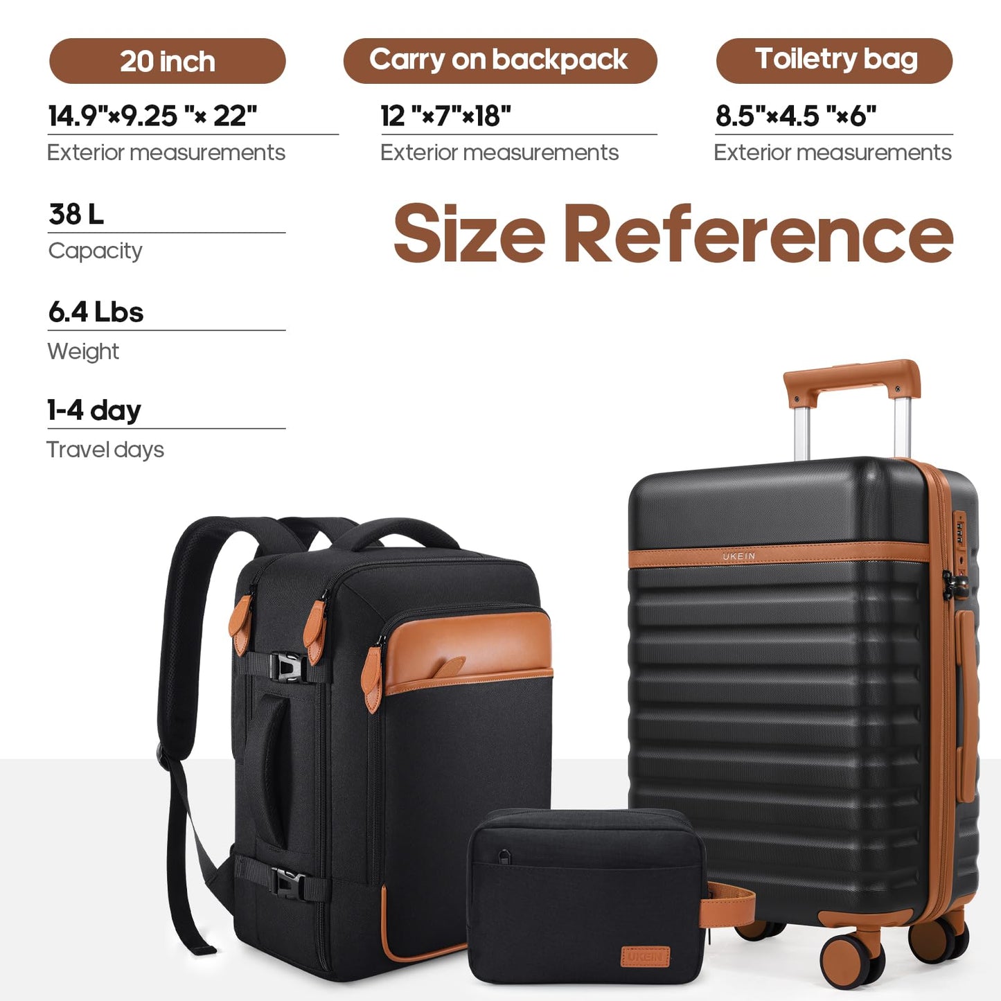 UKEIN Luggage Sets 3Piece, Carry On Luggage 20in Suitcase Set With Backpack
