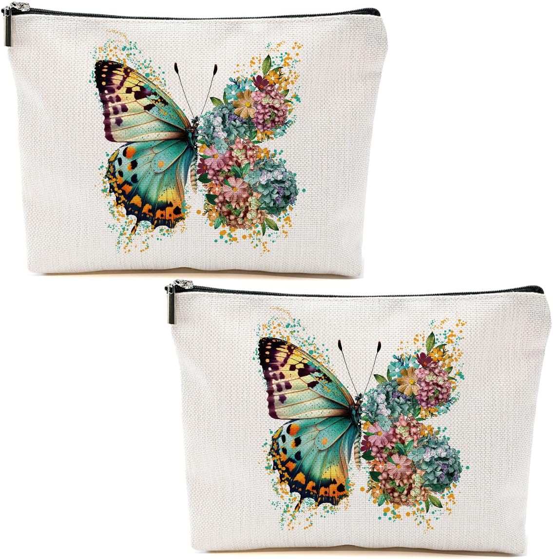 2pcs Aesthetic Butterfly Floral Makeup Bag Flowers Butterfly Gifts Cosmetic Bags for Women Girls, Aesthetic Zipper Pouch Travel Toiletry Bag Friend Gifts for Sisters Bestie