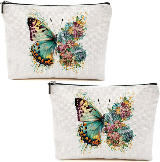 2pcs Aesthetic Butterfly Floral Makeup Bag Flowers Butterfly Gifts Cosmetic Bags for Women Girls, Aesthetic Zipper Pouch Travel Toiletry Bag Friend Gifts for Sisters Bestie