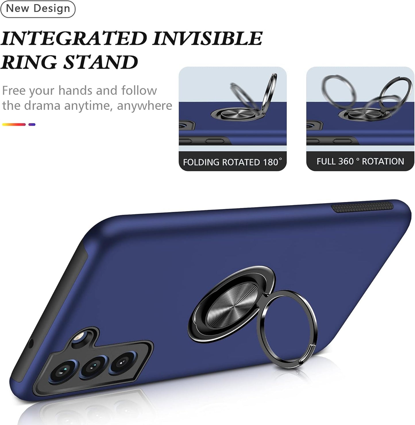 Galaxy S21 FE 5G Case with Nano Explosion-Proof Film - 2 Pack Military Grade Double Shockproof Invisible Kickstand Case - Blue