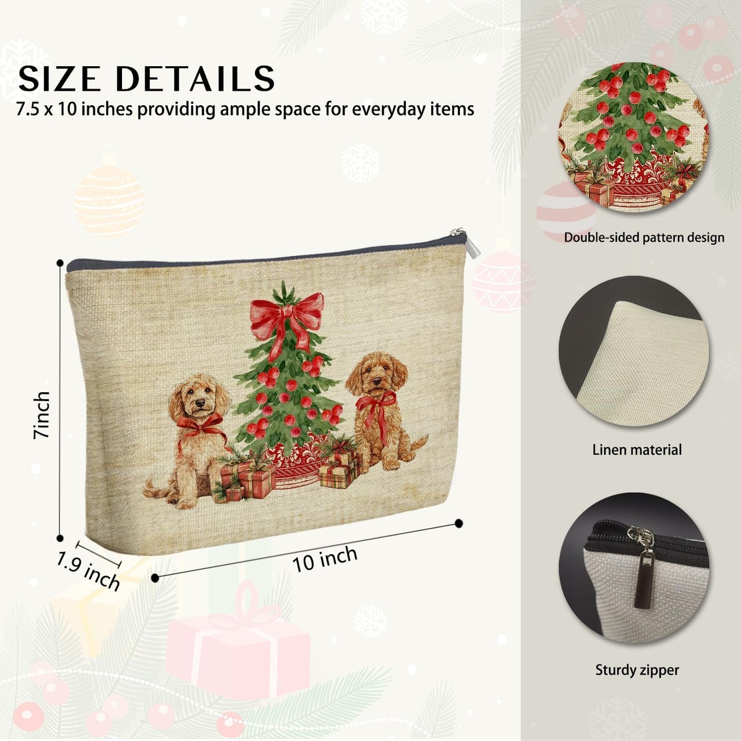 Red Chinoiserie Christmas Labradoodle Dog Makeup Bag Gifts for Women, Coquette Grandmillennial Labradoodle Cosmetic Bag, Rustic Xmas Dog Holiday Zipper Makeup Pouch Travel Toiletry Bag