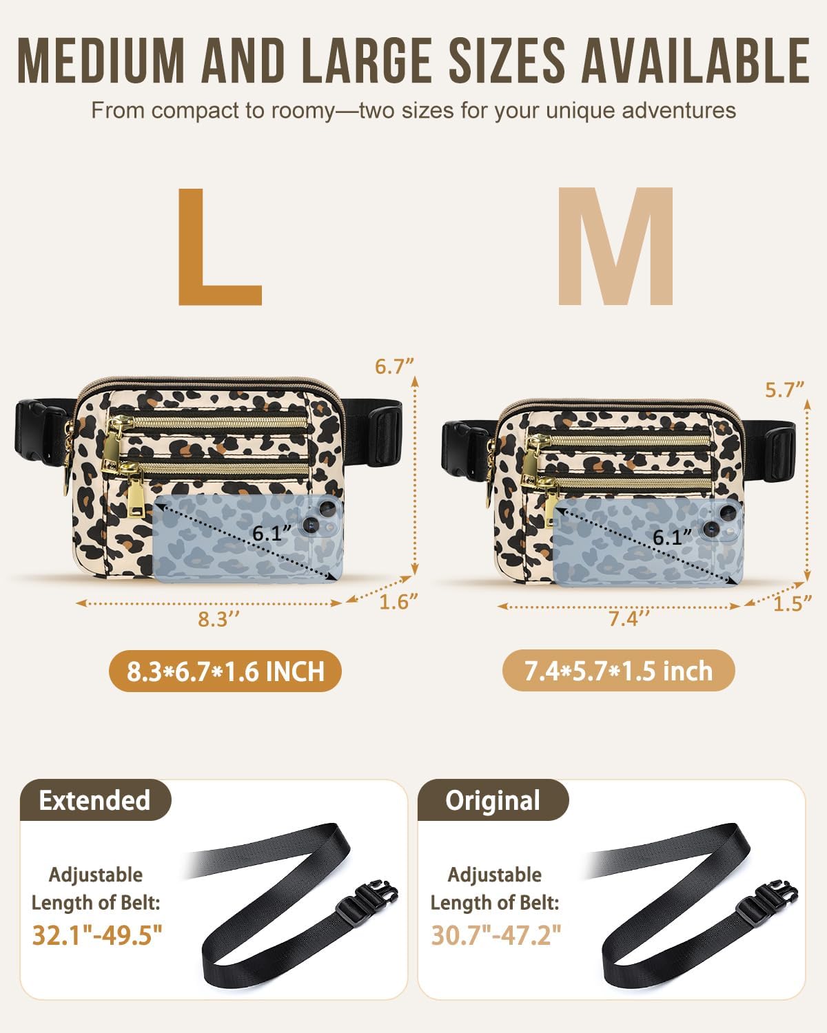 Capolo Fanny Packs for Women Fashion Waist Packs Bag with Adjustable Strap and 4 Zipper Pockets Waterproof Everywhere Crossbody Belt Bag for Workout Running Travelling(Leopard, Large)