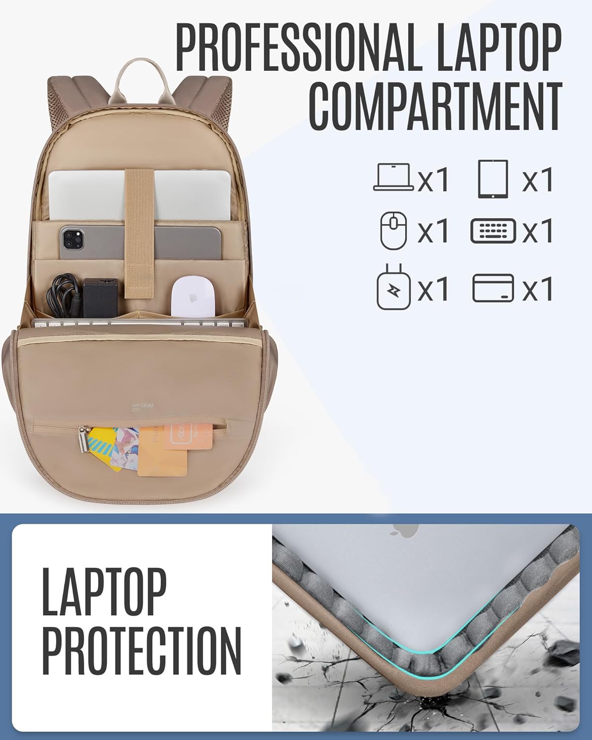 LIGHT FLIGHT Travel Laptop Backpack Women, 15.6 Inch Laptop Backpack with USB Charging Hole, Water Resistant College Bookbag, Black Computer Backpacks for Work, Champagne