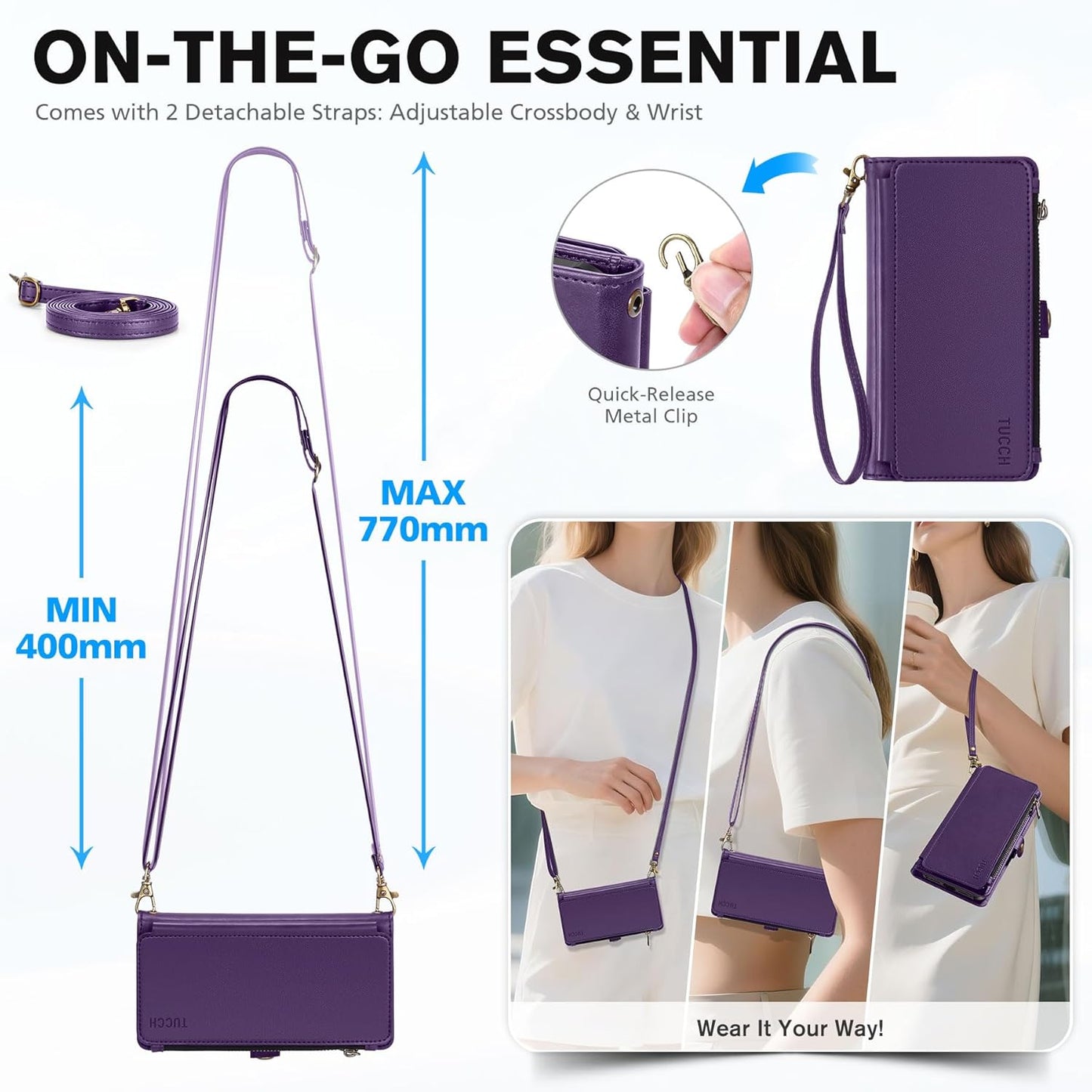 TUCCH Removable Crossbody Wallet Case for iPhone 17 Pro 6.3", RFID Blocking 9 Card Holders, Lanyard, Wrist Strap, Wireless Charging, Stand, Zipper Pocket, PU Leather, Magnetic Flip Cover, Deep Purple
