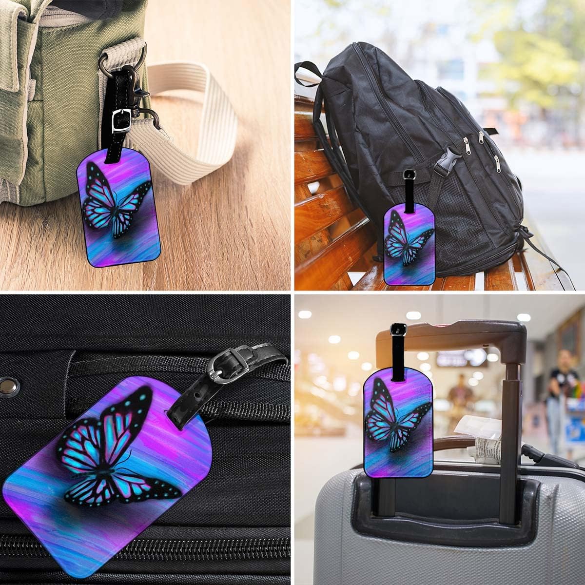 Butterfly Luggage Tag with Full Privacy Cover Pink Blue Flying Wings Spring Tropical Animal Travel Accessories Tags with Name ID Labels for Suitcases Women Men, 1 Pack