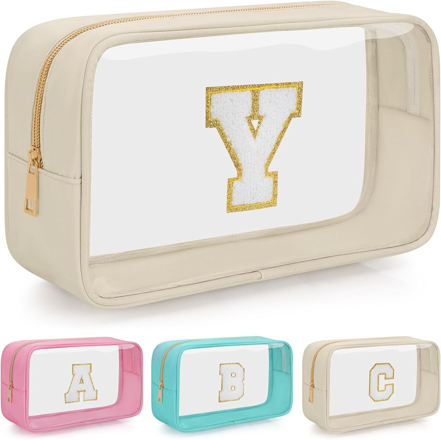 Personalized Initial Clear Makeup Bag, Travel Chenille Patch Cosmetic Bag, Preppy Toiletry Bag Monogram Cosmetic Pouch with Zipper, Ideal Gift for Teen Girls Women (Clear-Beige, Y)