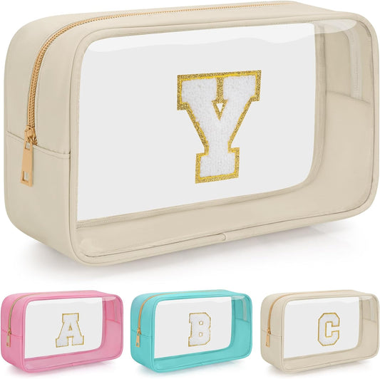 Personalized Initial Clear Makeup Bag, Travel Chenille Patch Cosmetic Bag, Preppy Toiletry Bag Monogram Cosmetic Pouch with Zipper, Ideal Gift for Teen Girls Women (Clear-Beige, Y)