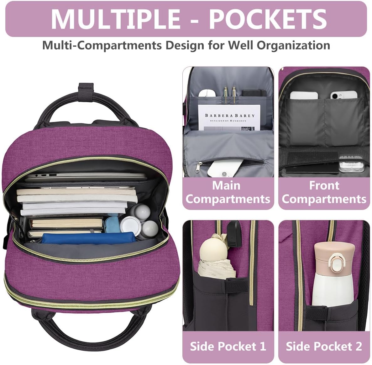 Laptop Backpack for Women Work Bag - 15.6 inch Travel Backpack with USB Charger Business Computer Backpacks for Work College Back pack for Teacher Casual Waterproof Bookbag for Nurses Purple