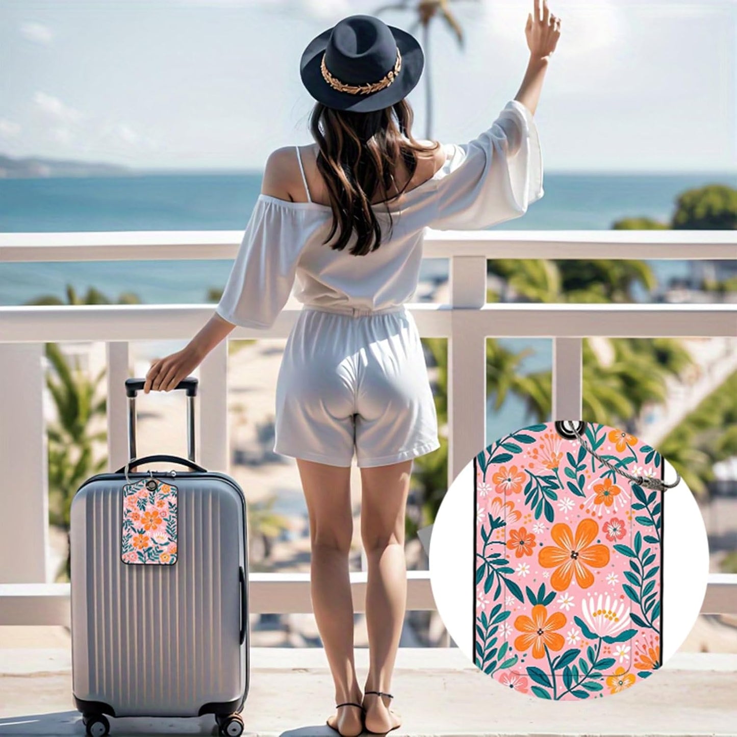 2 Pack Flowers Leather Luggage Tags for Suitcases, Travel Bag Tags with Privacy Cover ID Label with Stainless Steel Loop for Women Men Girls Backpack Gift (Pink Orange)