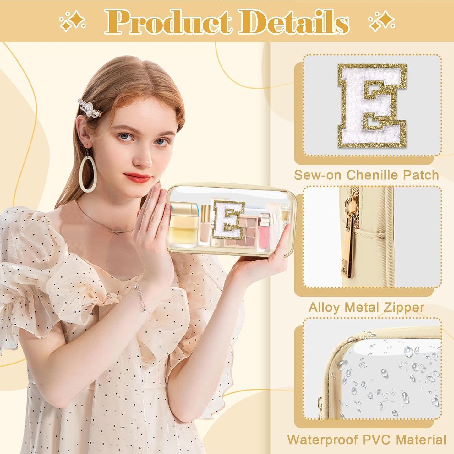 Personalized Initial Letter Clear Makeup Bag,Small Nylon&PVC Cosmetic Zipper Bag with Chenille Letter,Portable Beach Travel Skincare Toiletry Bag,Trendy Monogram Gift for Teen Girls Women,E