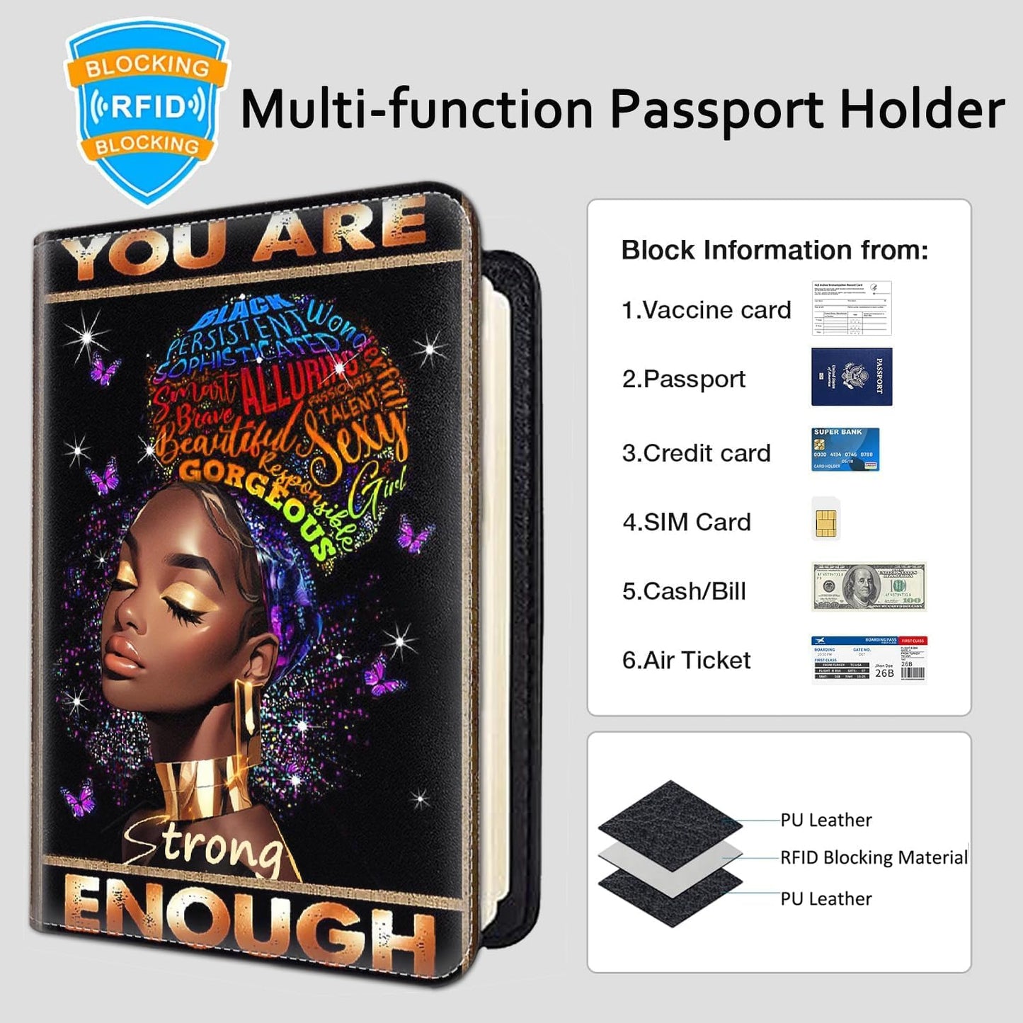 Passport Holder Women Wallet with Luggage Tag, Leather Passport Cover with RFID Blocking, Travel Accessories Multi Card Slot Passport Case for Men，Black Women Black Queen You Are Beautiful
