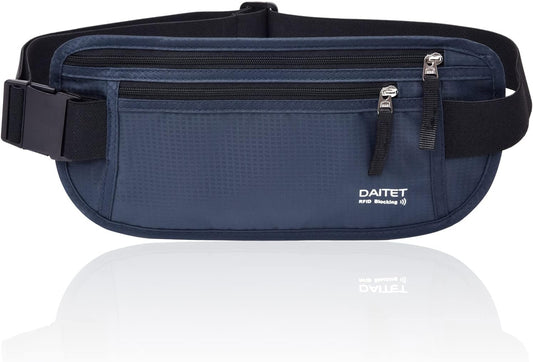 RFID Blocking Money Belt for Men Women, Slim Fanny Pack for Travel，Running,Conceal Waist Wallet for Passport Holder,Phone,Cash(Black Dark Blue)