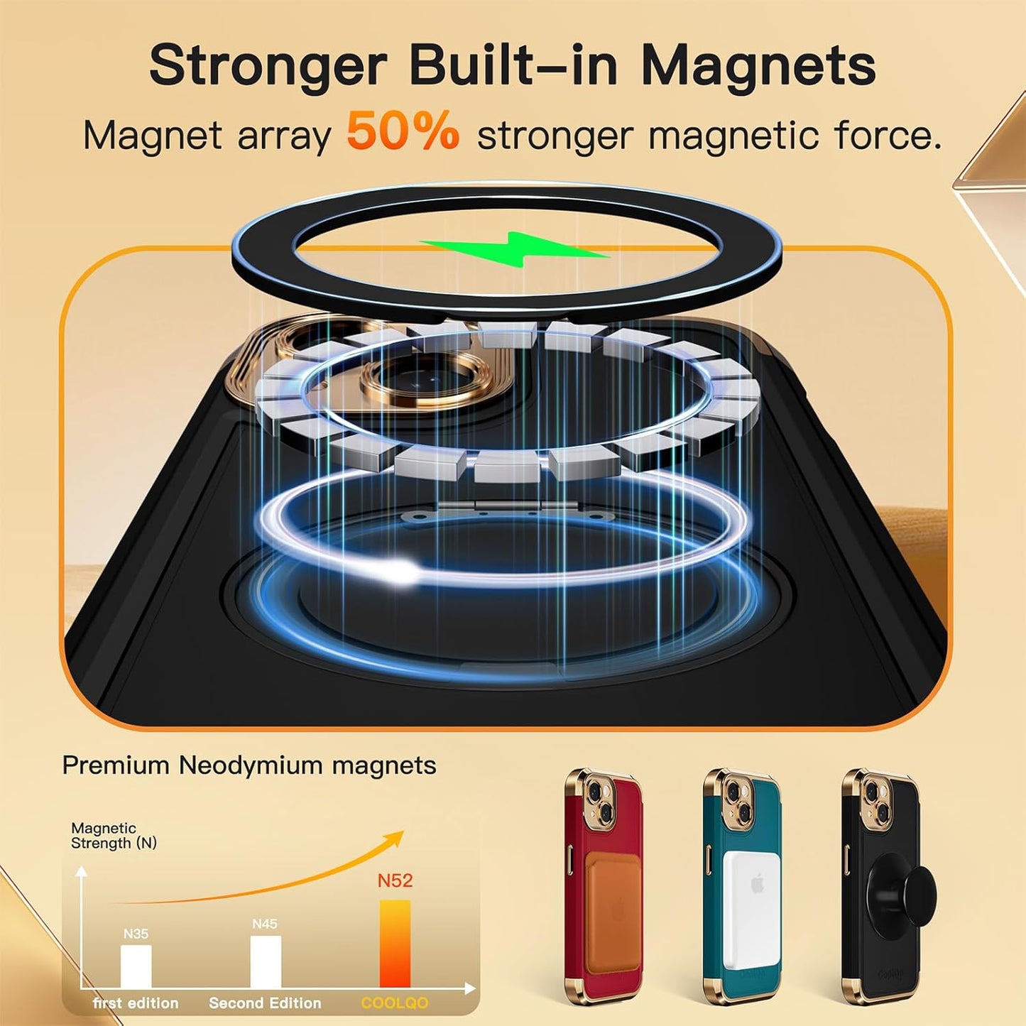 COOLQO for iPhone 15 Case 6.1'' Upgraded 360° Spin Magnetic Stand [Compatible with Magsafe][Military Protection] Plating Matte Scratch-Resistant Back Protective Shockproof Phone Case, Black Gold