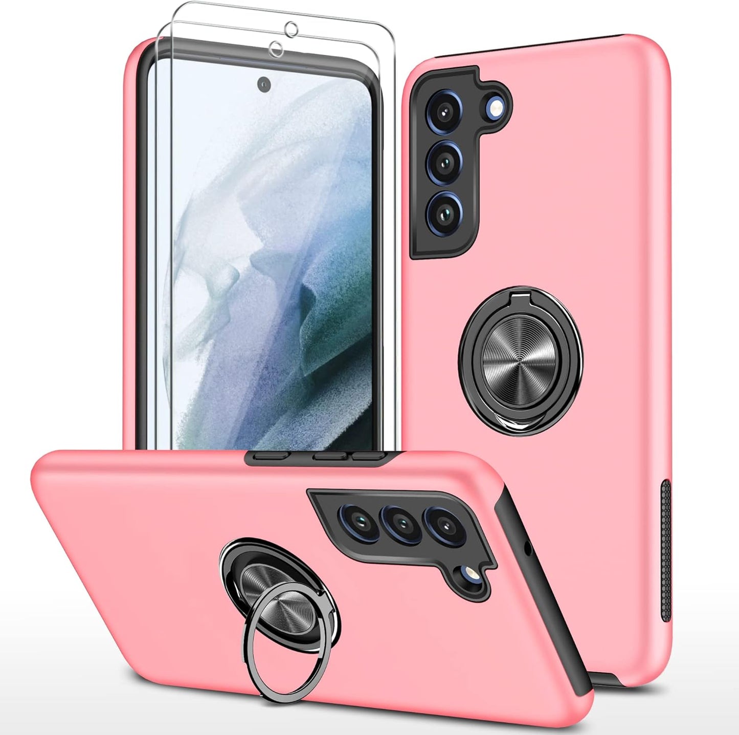 for Galaxy S21 FE 5G Case with Nano Explosion-Proof Film - 2 Pack Military Grade Double Shockproof Invisible Kickstand Case - Samsung S21 FE (Pink)