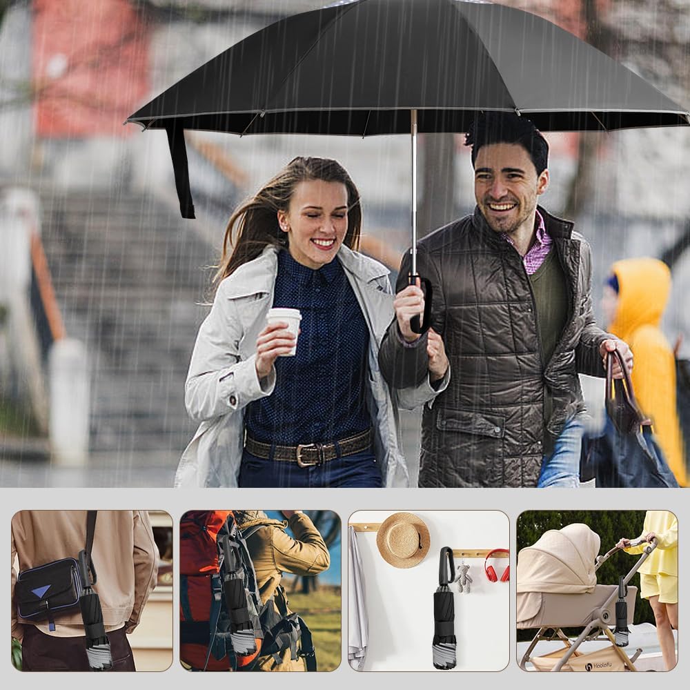 TOPSAIL 10 Ribs Inverted Umbrella with Carabiner Handle, Large Strong Windproof Umbrellas for Rain & Sun, 49" Portable Reverse Folding Compact Travel Umbrella with Safe Reflective Strip, for Women Men